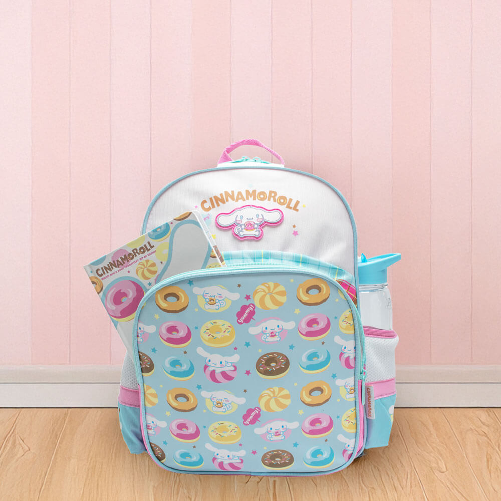 cinnamon roll backpack from hello kitty AI ACCESSORY INNOVATIONS Sanrio's Cinnamoroll 5 Piece Set, Kawaii Flip Sequin Girls School Bag with Front Zip Pocket, 2 Side Mesh Pockets, Blue Perfect for carrying your essentials with a playful Adorable Hello Kitty and Cinnamonroll